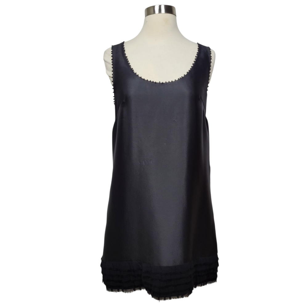 French Connection Black Satin Beaded Ruffle Mini Scoop Neck Party Dress Size 4